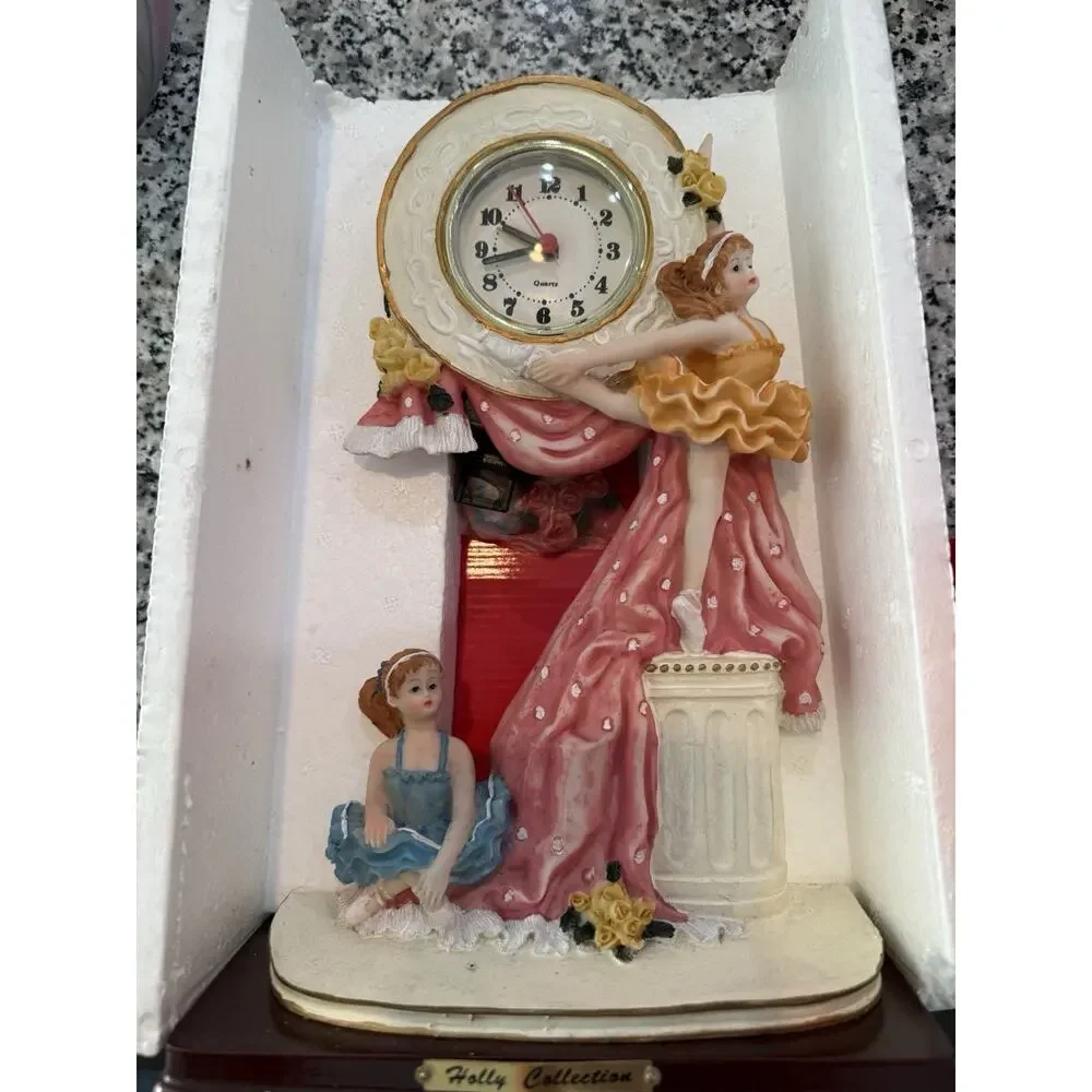 New Ballerina Figurine Pendulum Clock Polyresin Decorative w Box Quartz